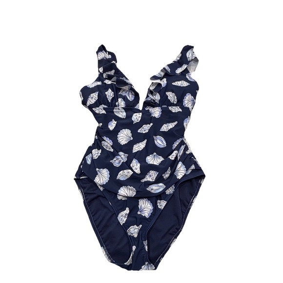 Ellen Tracy Other - Ellen Tracy One Piece Swimsuit Sz 10 Navy Ruched Ruffle Strap Seashells